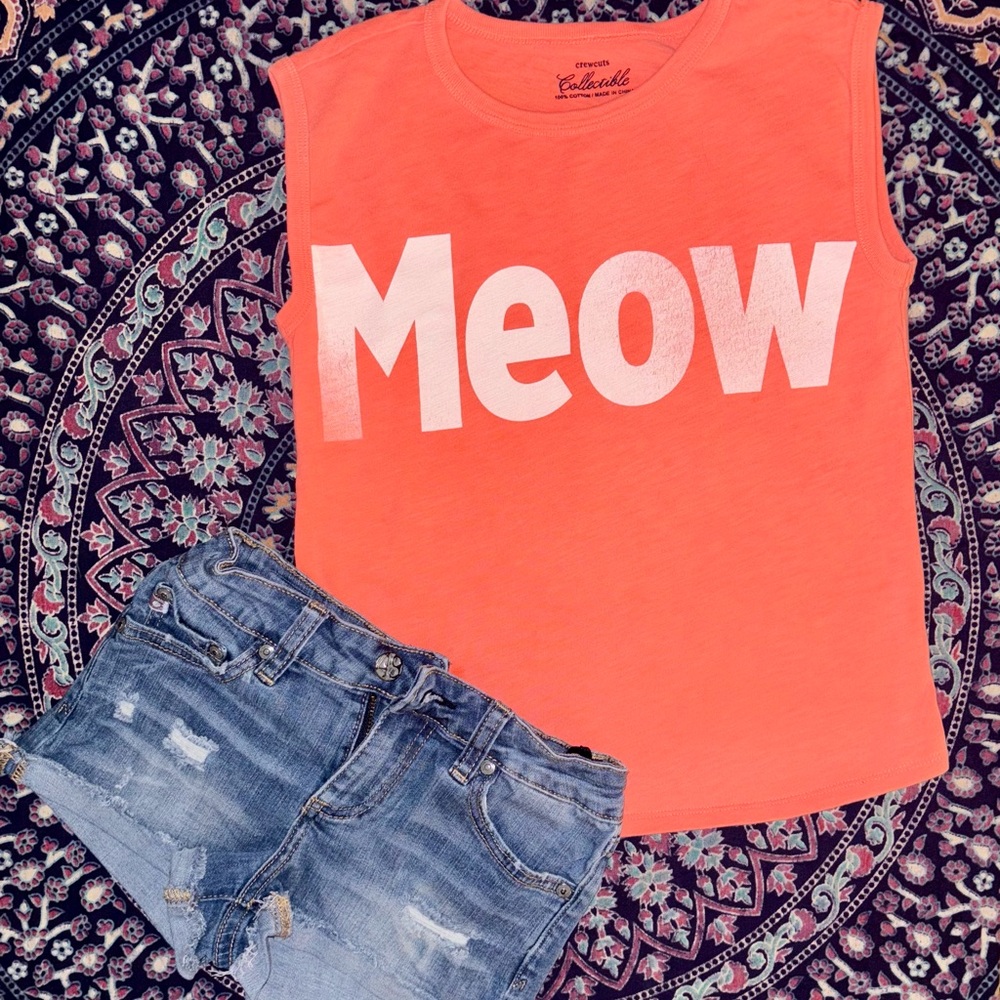 Ag Adriano Goldschmied denim shorts & Crewcuts Orange Tee.